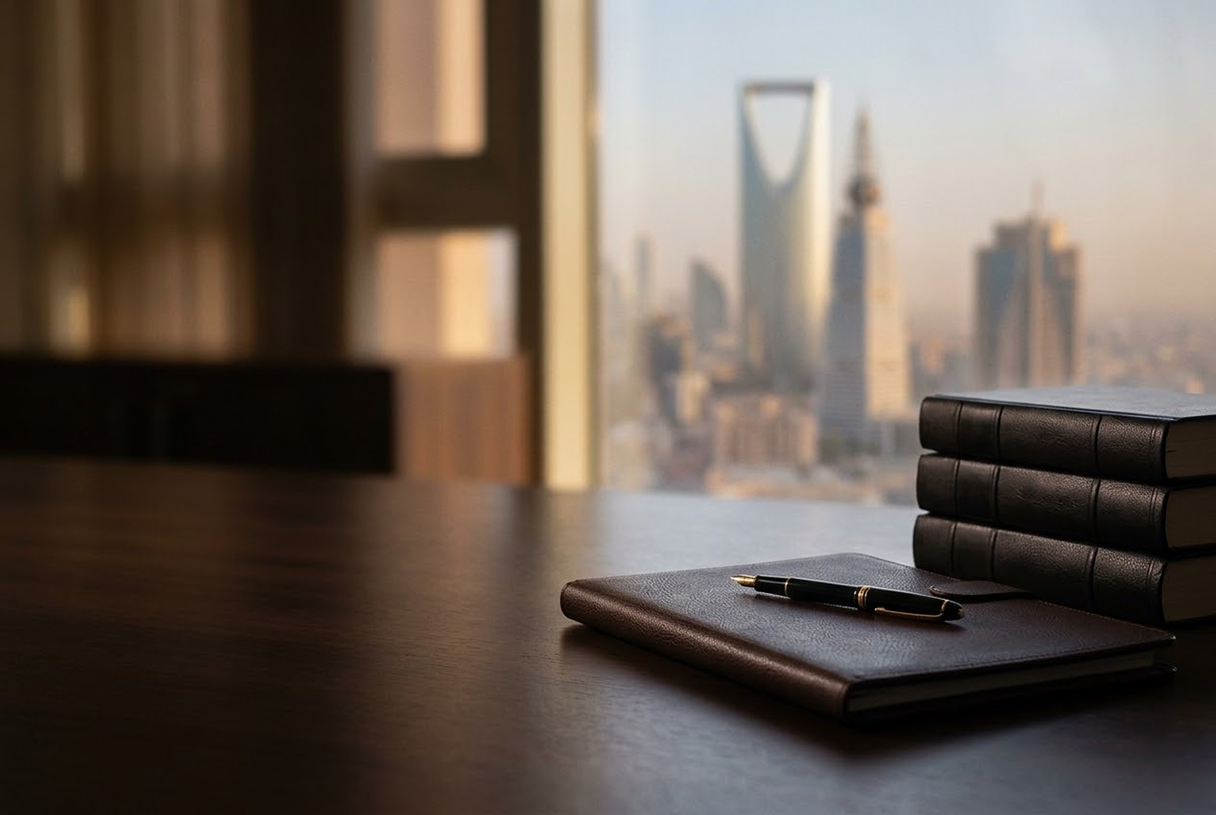 A leather folio, a pen and bound volumes on a desk above Riyadh