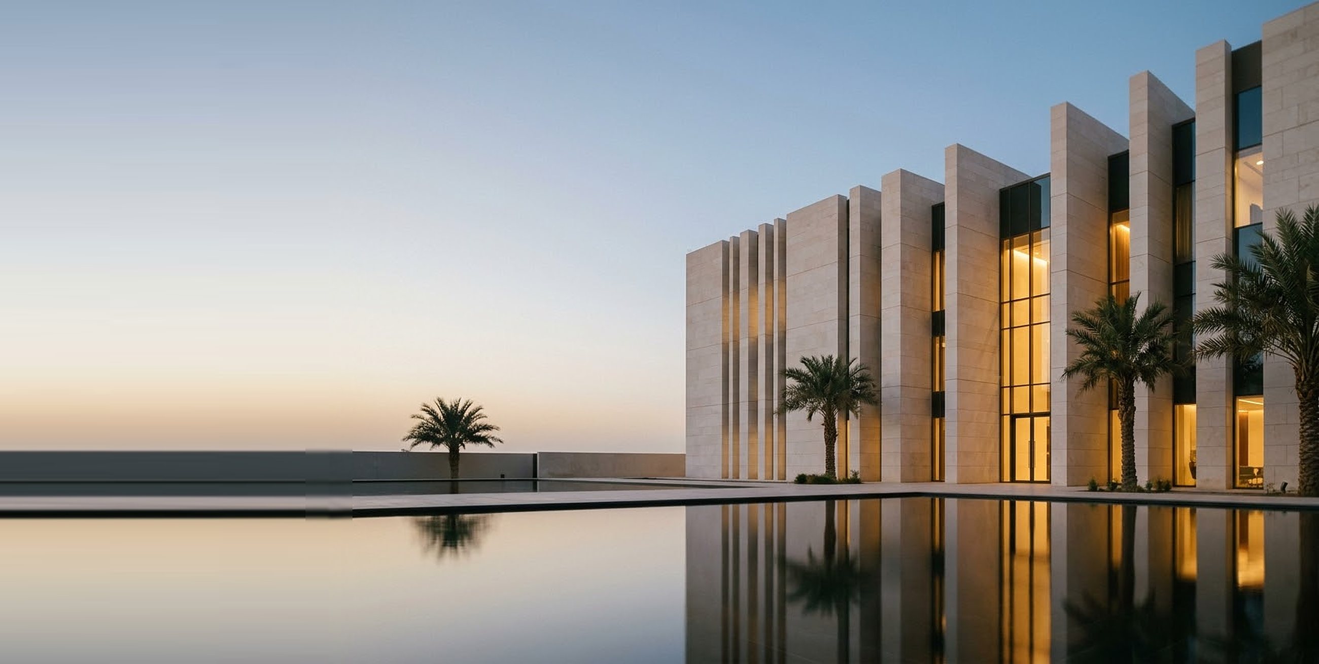 A stone building beside a reflecting pool at dusk